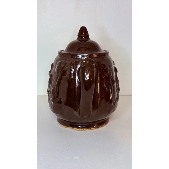 Rockingham Teapot-Rebecca at the Well Relief Raised Clay Brown Glaze Antique 7" - Picture 4 of 16